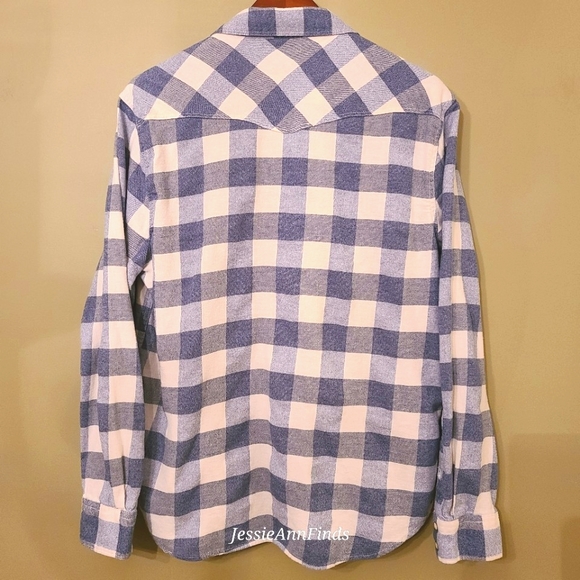 Lucky Brand Blue White Plaid Pearl Snap Flannel Shirt Men's Size Large - Picture 2 of 10